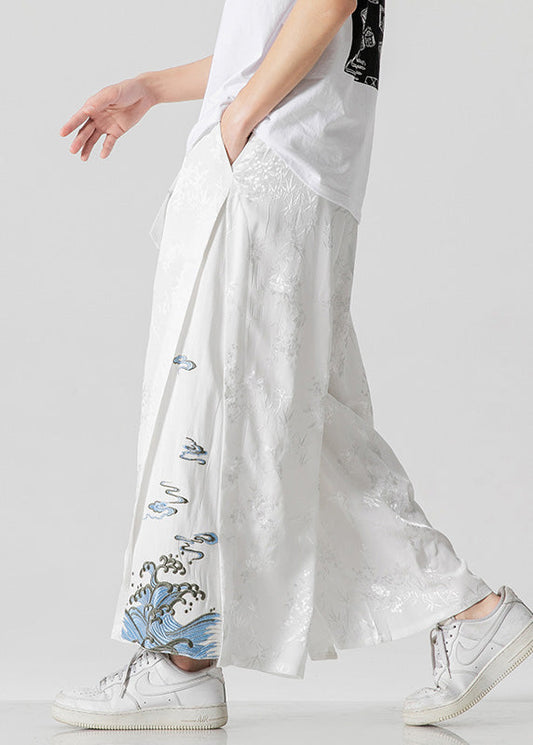 Unique White Oriental Embroideried Pockets Silk Mens Pants Summer YT056