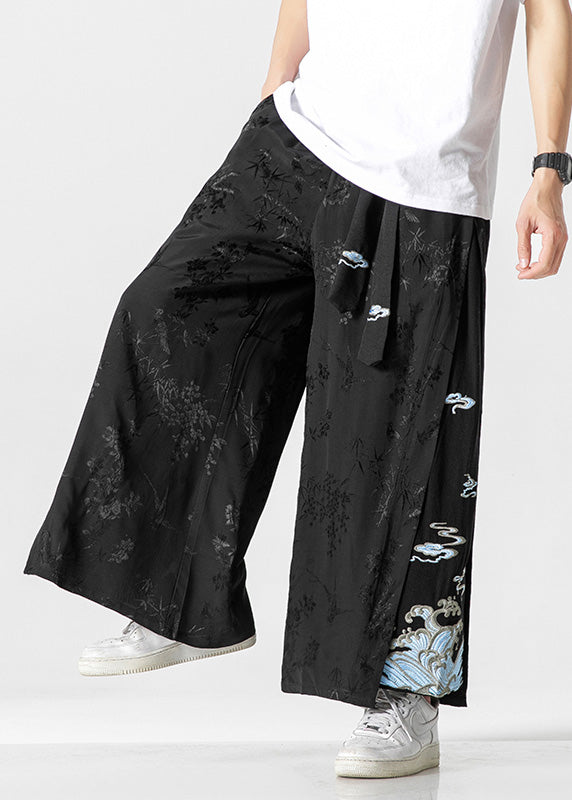 Unique White Oriental Embroideried Pockets Silk Mens Pants Summer YT056