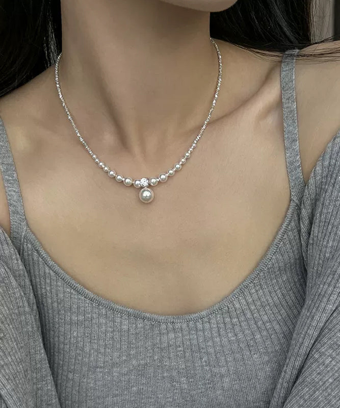 Collier pendentif unique en argent brisé avec perle blanche et zircon ZZ003