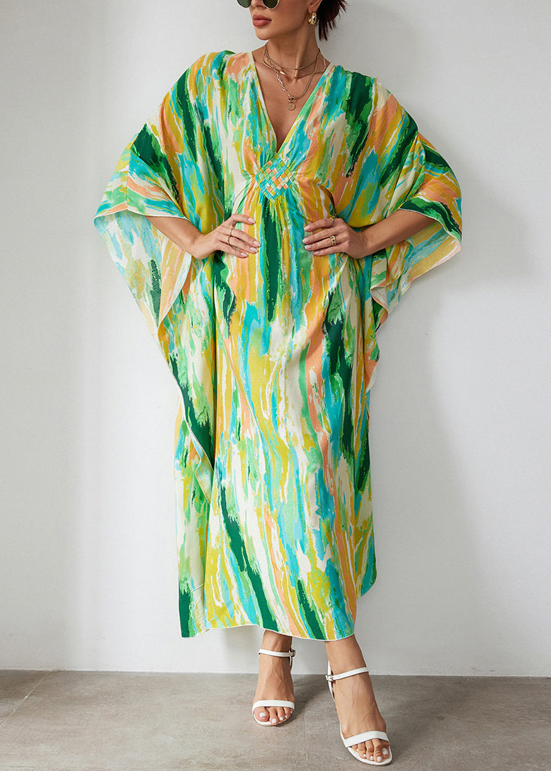 Vacation Style Blue Cotton Printed Beach Robe Dress Summer VC071