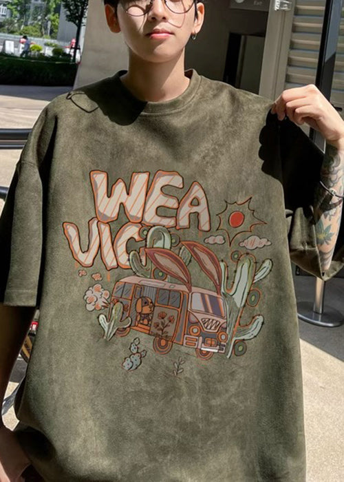 Grünes Vintage-Shirt Faux Half Neck O Männer T Army Wildlederdruck