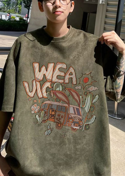 Grünes Vintage-Shirt Faux Half Neck O Männer T Army Wildlederdruck