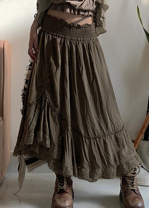 Vintage Army Green Ruffled Cinched Elastic Waist Cotton Skirts Fall QA013