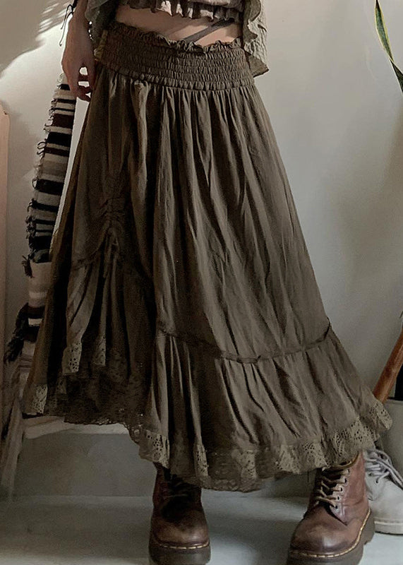 Vintage Army Green Ruffled Cinched Elastic Waist Cotton Skirts Fall QA013