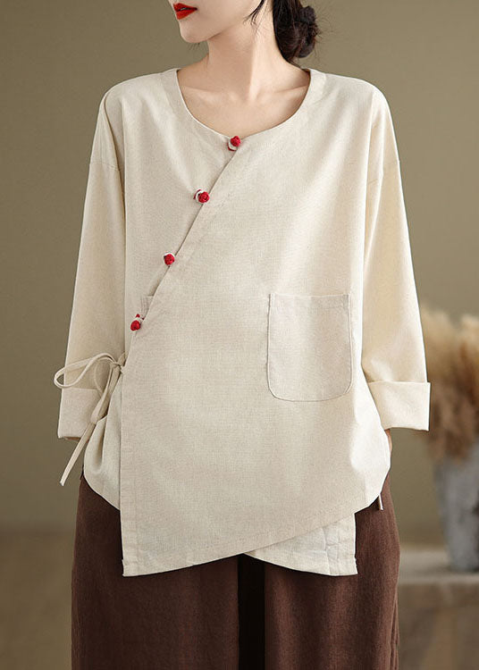 Vintage Beige O Neck Lace Up Patchwork Cotton Blouse Top Spring TJ010