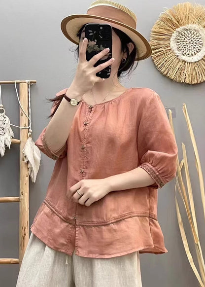 Baumwollshirt Patchwork Top Sommer Beige O-Ausschnitt Vintage