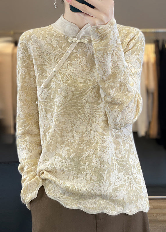 Vintage Beige Stehkragen Jacquard Wollpullover Frühling TQ011