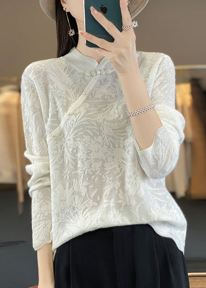 Vintage Beige Stehkragen Jacquard Wollpullover Frühling TQ011