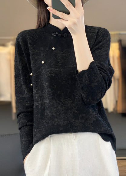 Vintage Beige Stehkragen Jacquard Wollpullover Frühling TQ011