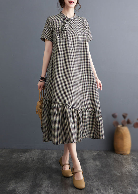 Robe vintage à gros carreaux et col montant en coton patchwork pour l'été AP071