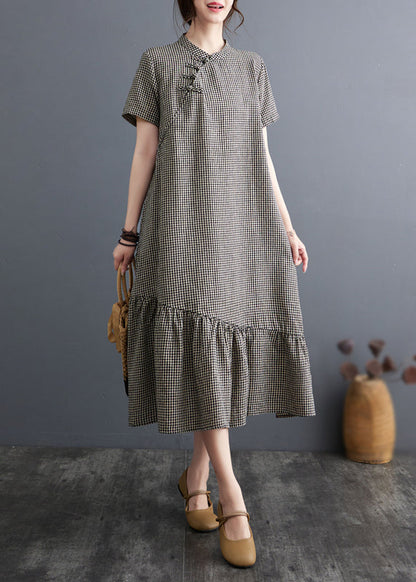 Robe vintage à gros carreaux et col montant en coton patchwork pour l'été AP071