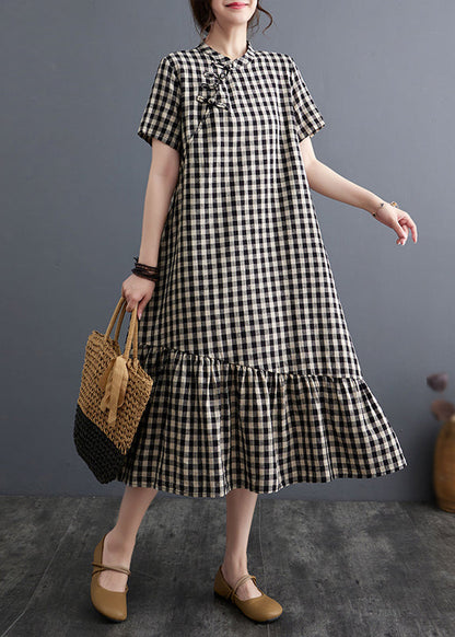 Robe vintage à gros carreaux et col montant en coton patchwork pour l'été AP071