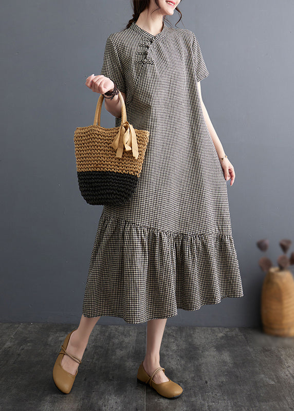 Robe vintage à gros carreaux et col montant en coton patchwork pour l'été AP071