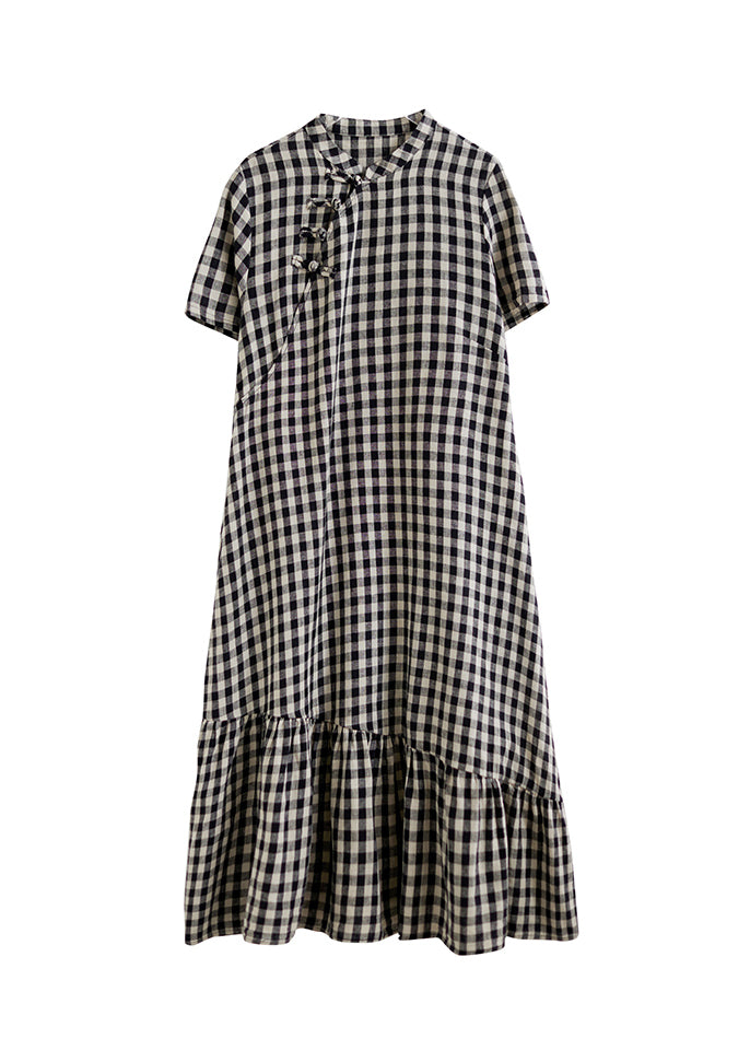 Robe vintage à gros carreaux et col montant en coton patchwork pour l'été AP071
