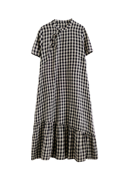 Robe vintage à gros carreaux et col montant en coton patchwork pour l'été AP071