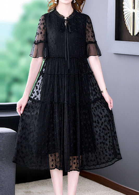 Vintage Black Embroidered Hollow Out Lace Long Dress Summer YY011