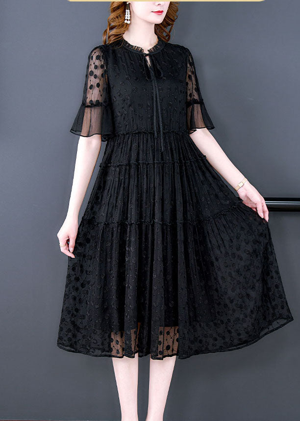 Vintage Black Embroidered Hollow Out Lace Long Dress Summer YY011