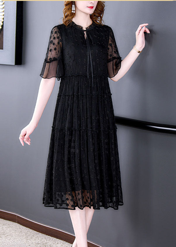 Vintage Black Embroidered Hollow Out Lace Long Dress Summer YY011