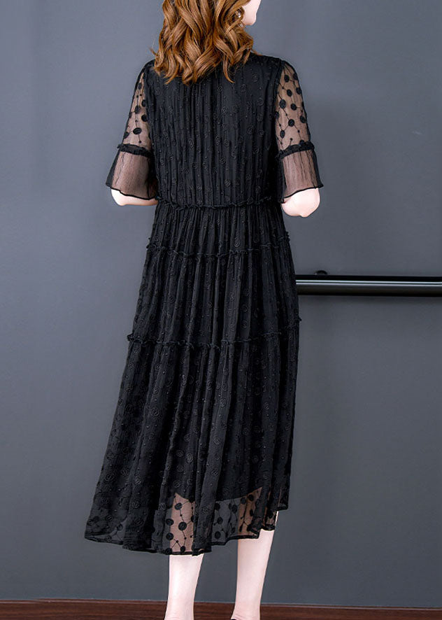 Vintage Black Embroidered Hollow Out Lace Long Dress Summer YY011