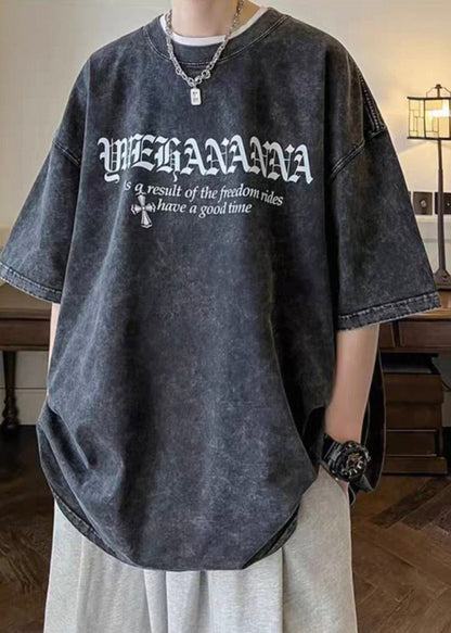 Men's Letter Half Vintage Cotton O Sleeve Black Neck Shirts T