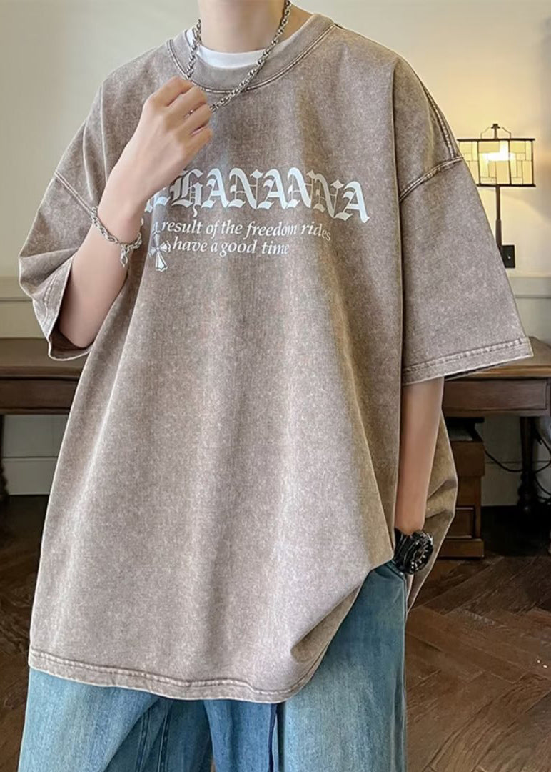 Men's Letter Half Vintage Cotton O Sleeve Black Neck Shirts T