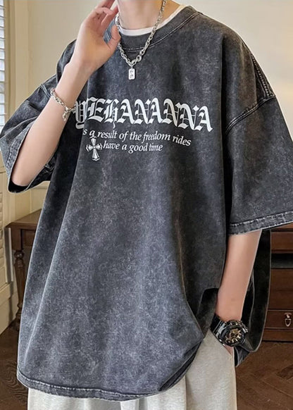 Men's Letter Half Vintage Cotton O Sleeve Black Neck Shirts T