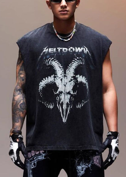 Débardeur sans manches en coton vintage imprimé lettres pour homme, noir