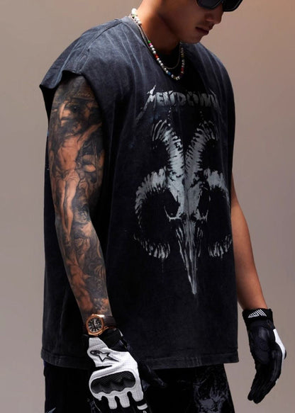 Débardeur sans manches en coton vintage imprimé lettres pour homme, noir