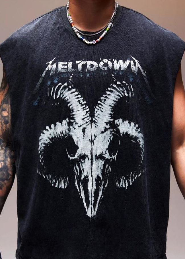 Débardeur sans manches en coton vintage imprimé lettres pour homme, noir