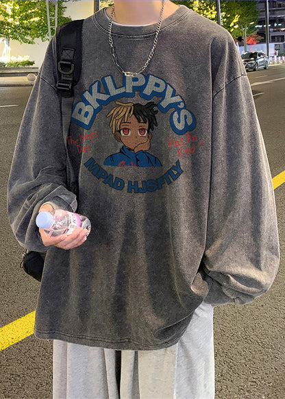 Print Neck Spring Black Vintage O Men Cotton T Shirt