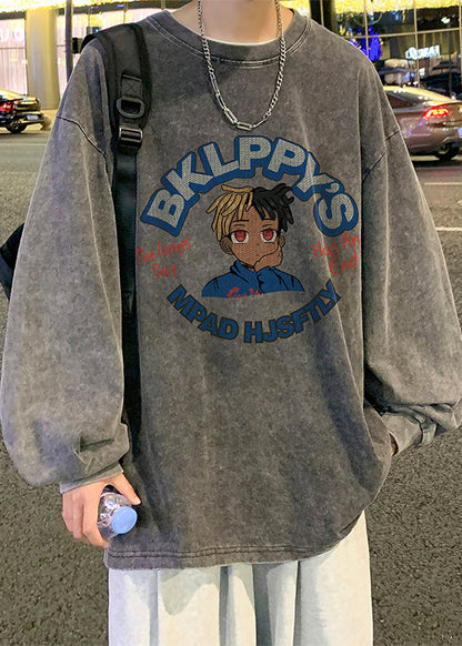 Print Neck Spring Black Vintage O Men Cotton T Shirt