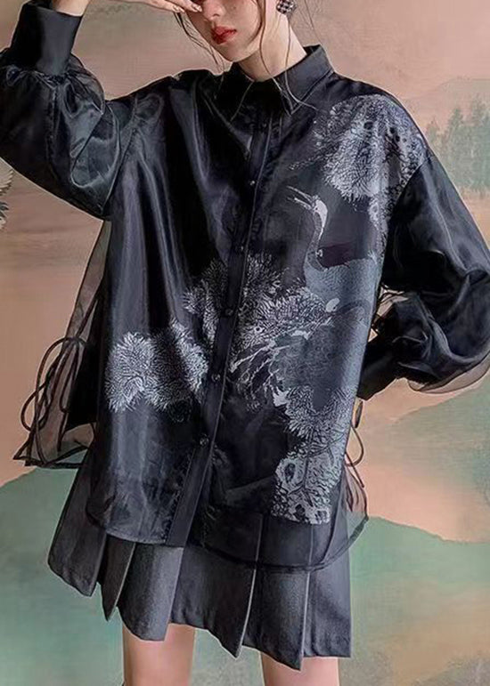 Vintage Black Peter Pan Collar Print Tulle Patchwork Silk Shirts Long Sleeve BV062