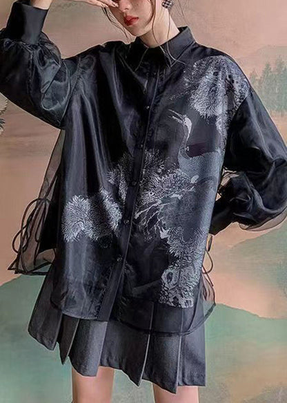 Vintage Black Peter Pan Collar Print Tulle Patchwork Silk Shirts Long Sleeve BV062