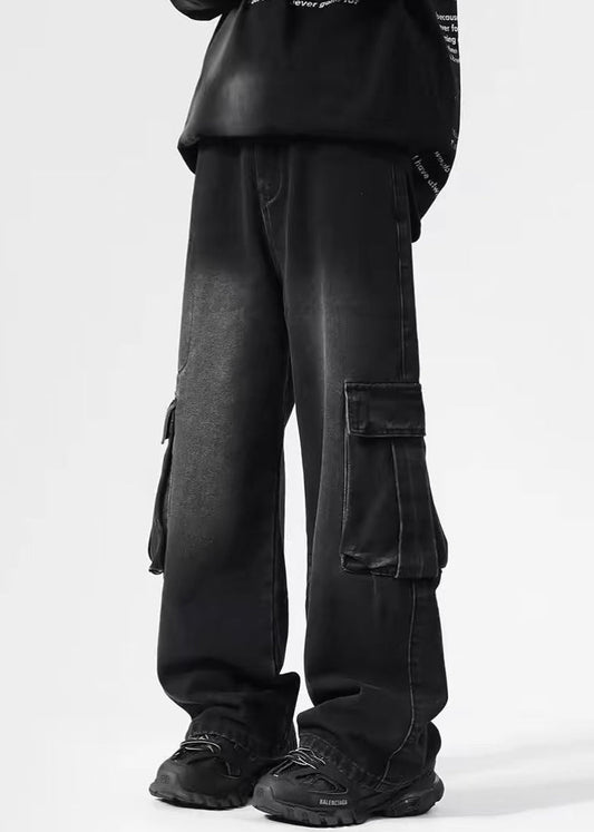 Pantalon vintage en denim noir à poches hautes pour homme, taille printemps