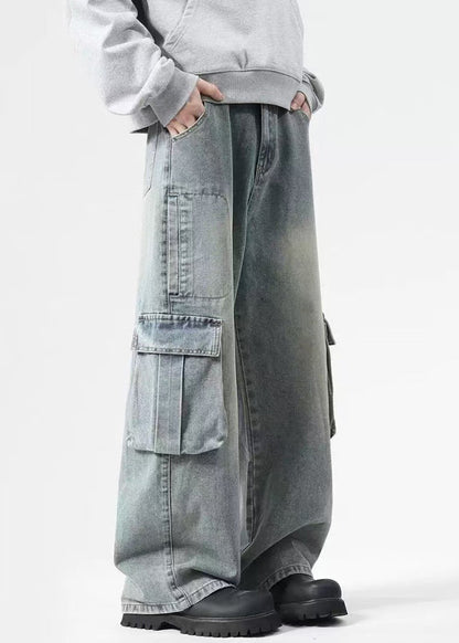 Pantalon vintage en denim noir à poches hautes pour homme, taille printemps