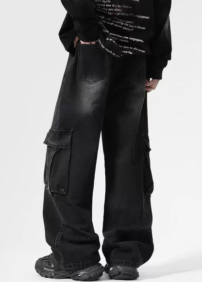 Pantalon vintage en denim noir à poches hautes pour homme, taille printemps