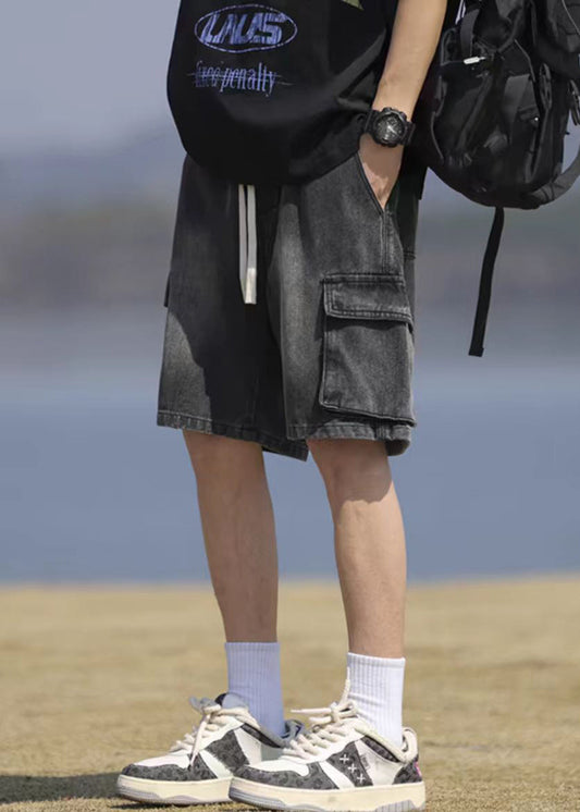 Short en jean noir vintage à lacets et poches pour homme, été YL031