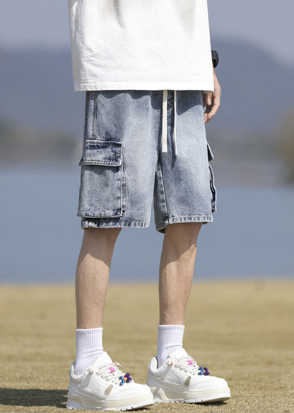 Short en jean noir vintage à lacets et poches pour homme, été YL031