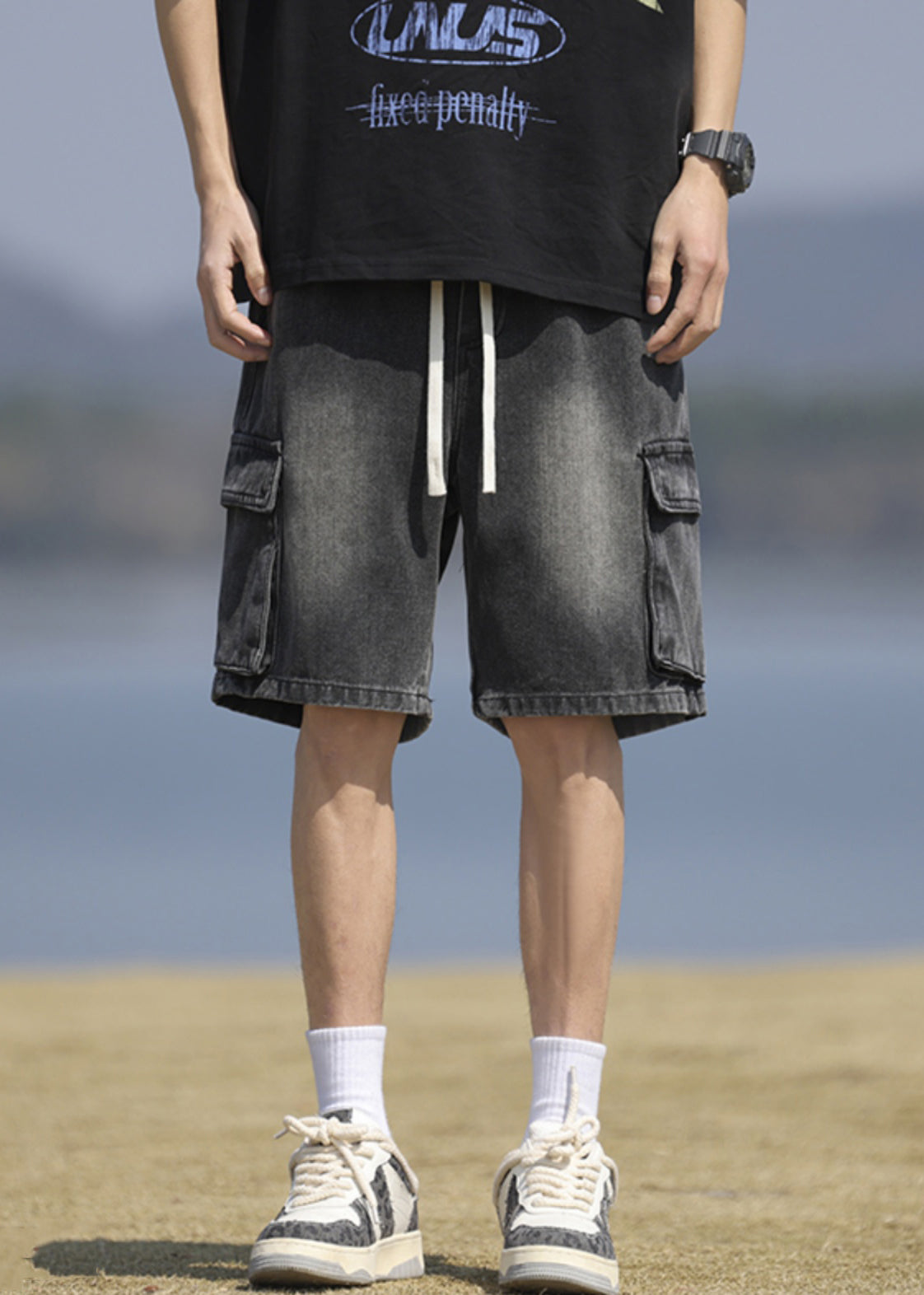 Short en jean noir vintage à lacets et poches pour homme, été YL031