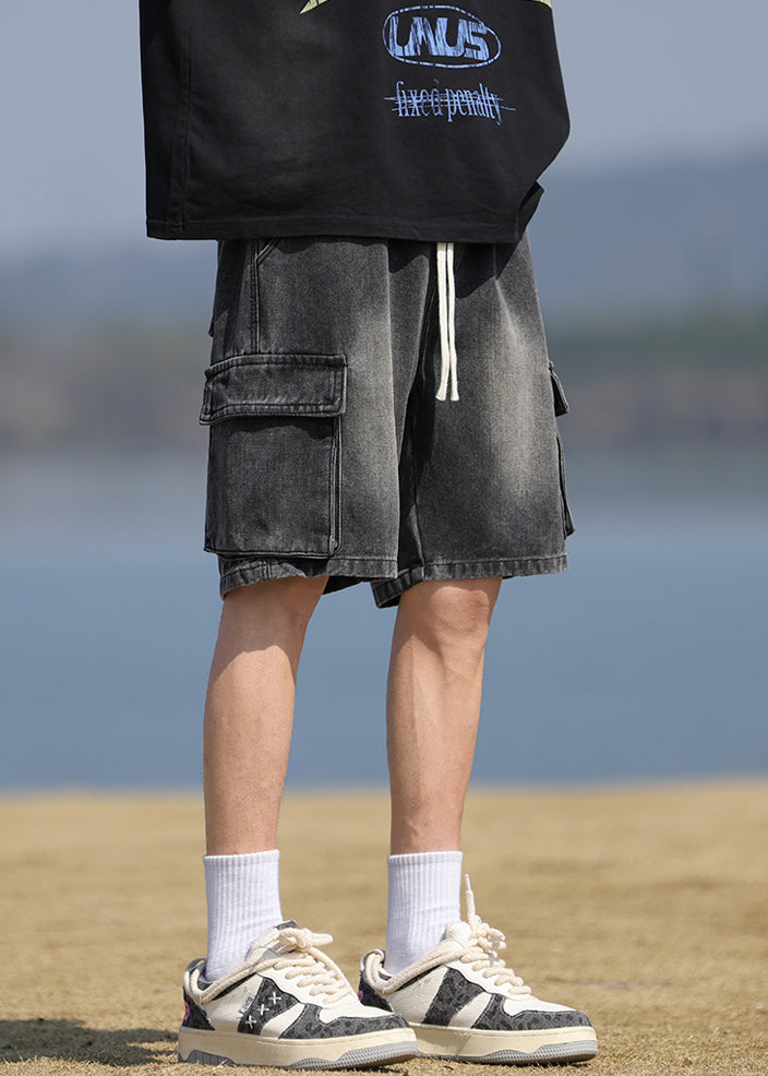 Short en jean noir vintage à lacets et poches pour homme, été YL031