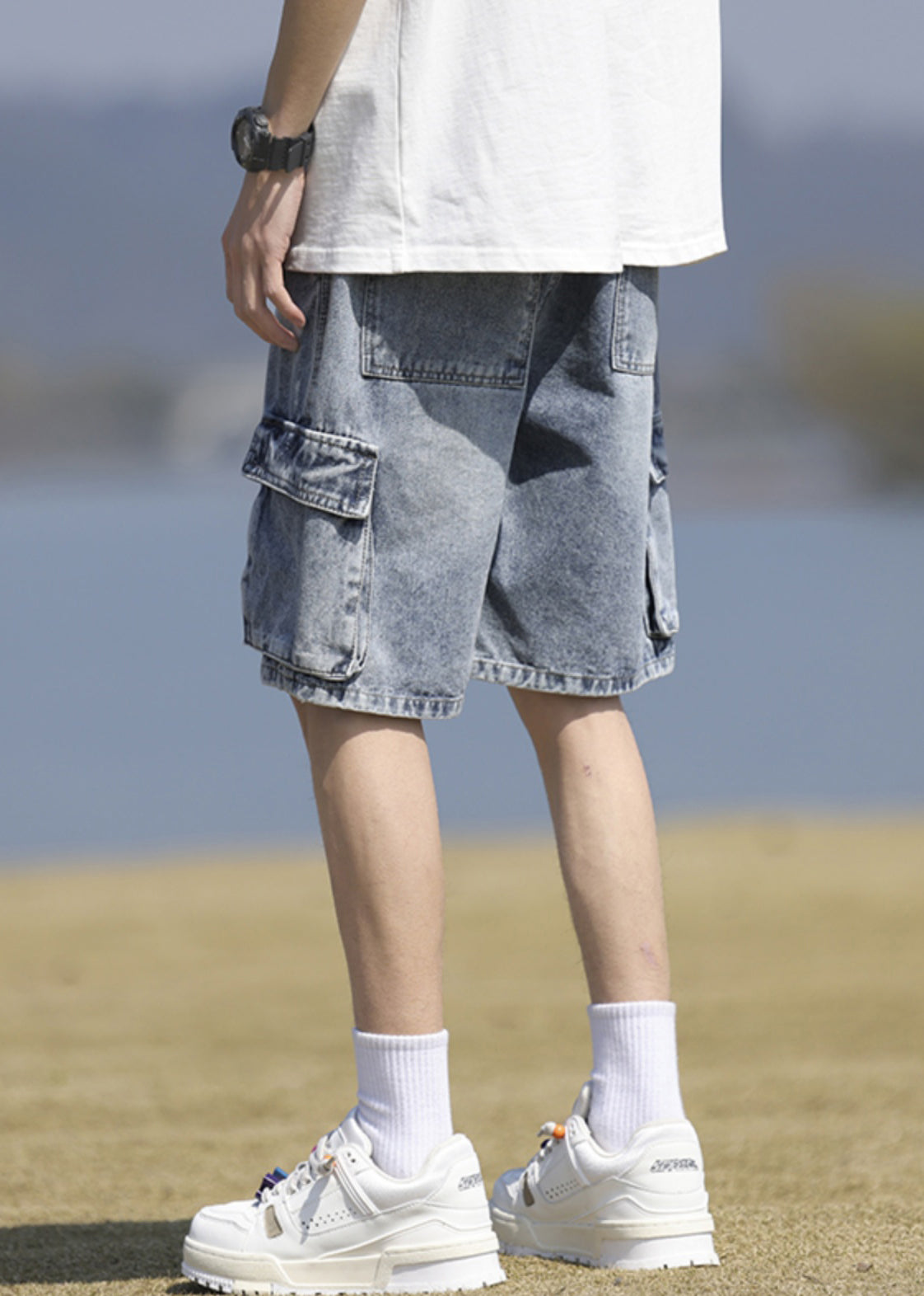 Short en jean noir vintage à lacets et poches pour homme, été YL031