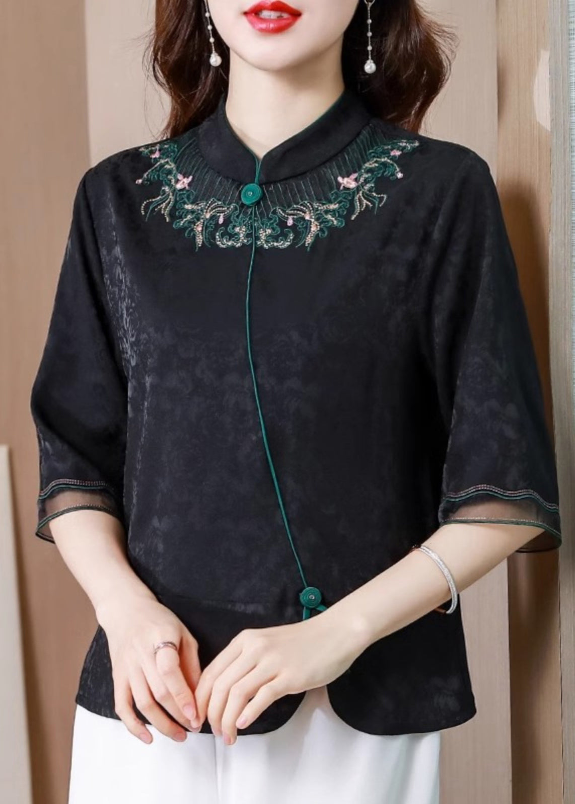 Vintage Black Stand Collar Embroidered Silk Blouse Top Summer BB008