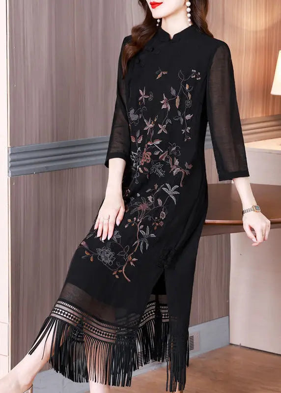 Vintage Black Tasseled Embroidered Silk Long Dresses Bracelet Sleeve Ada Fashion