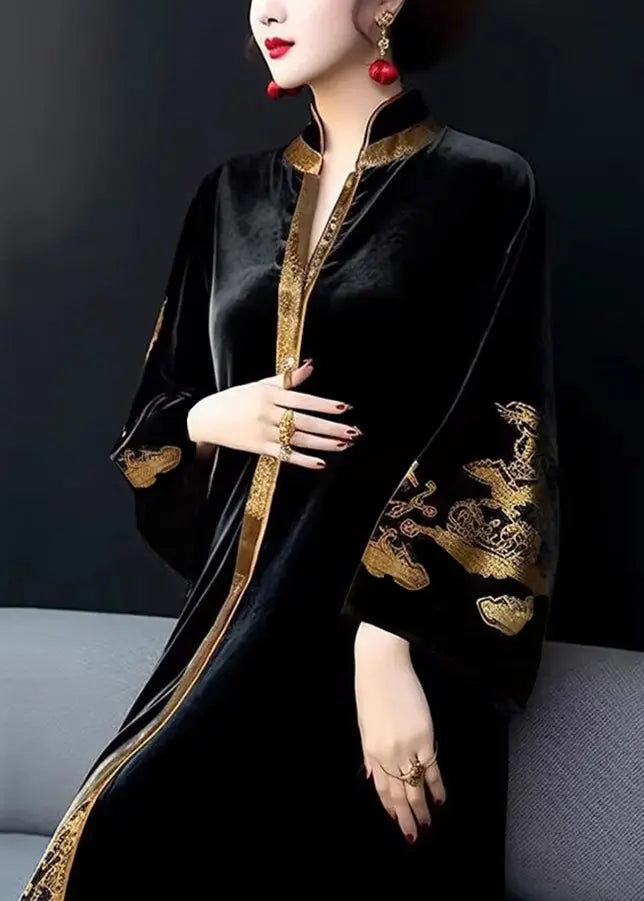 Vintage Black V Neck Print Patchwork Silk Velour Long Dresses Fall Ada Fashion