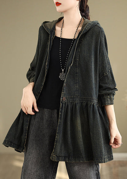 V Mit Kapuze Hals Taschen Vintage Faltig Mäntel Denim Schwarz Herbst