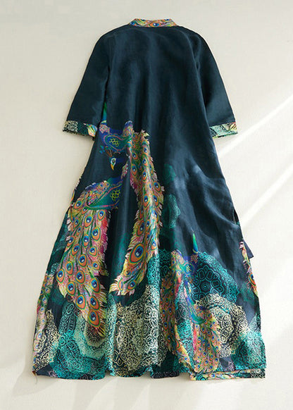 Vintage Blackish Green Stand Collar Print Side Open Long Dresses Short Sleeve VV030