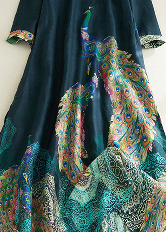 Vintage Blackish Green Stand Collar Print Side Open Long Dresses Short Sleeve VV030