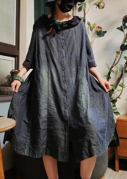 Chemise en jean bleu vintage avec poches à boutons et manches mi-longues MN079