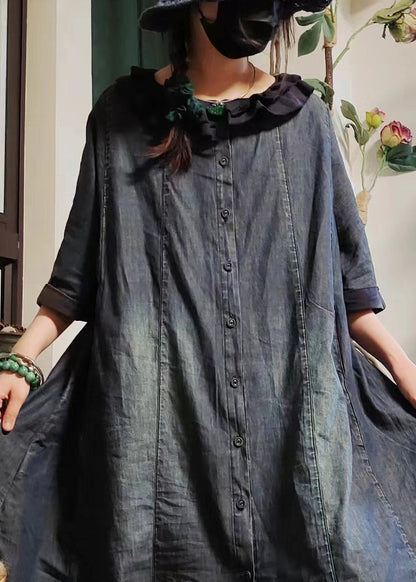 Chemise en jean bleu vintage avec poches à boutons et manches mi-longues MN079