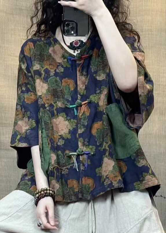 Vintage Blue Button Print Linen Blouse Half Sleeve GG038